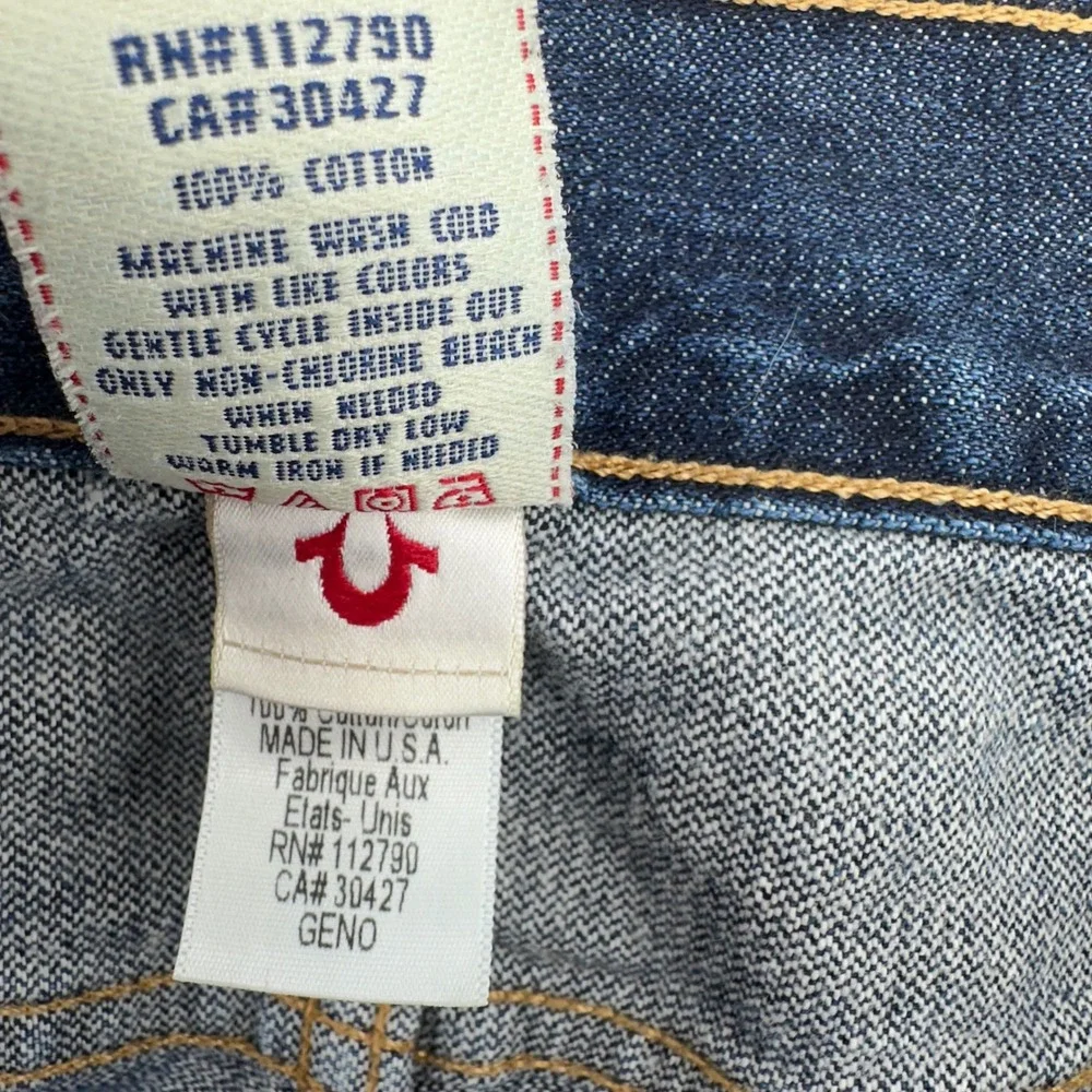 True Religion Geno Jeans Made In USA Dark Wash Denim 32x29 Whiskers Fade Leather - Picture 7 of 10